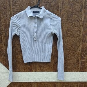 Brandy Melville Gray Ribbed Polo Long Sleeve Sweater Size M